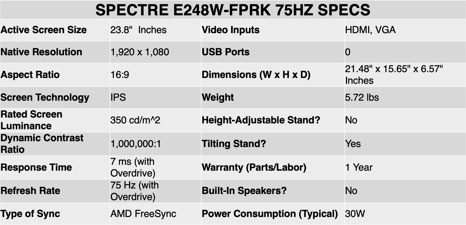 SPECTRE E248W-FPRK Spec Sheet